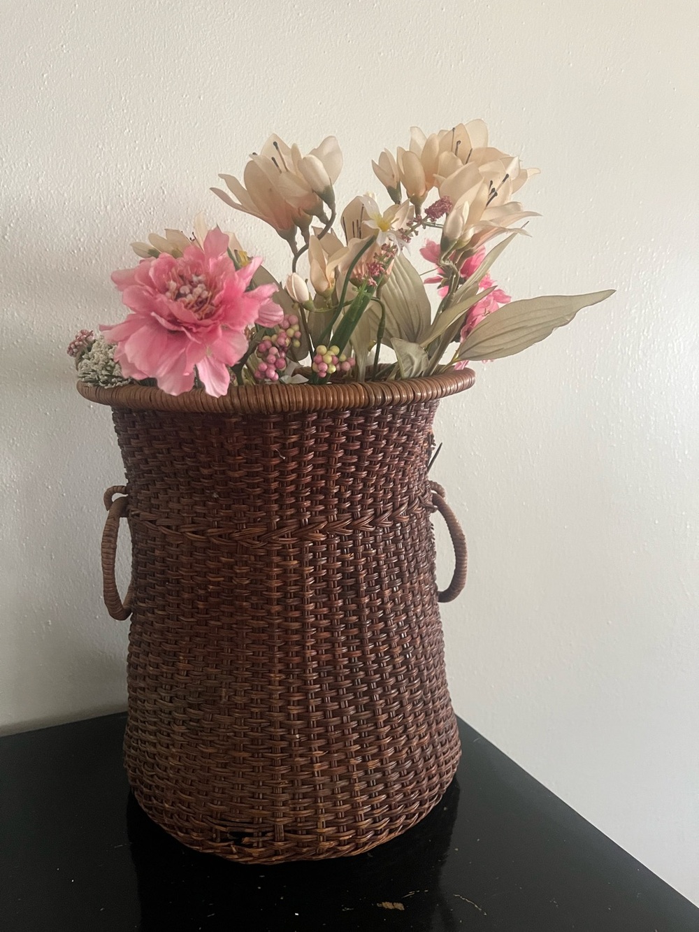 Vintage Hand Woven Dark Brown Wicker Basket Vase with ring loop handles.